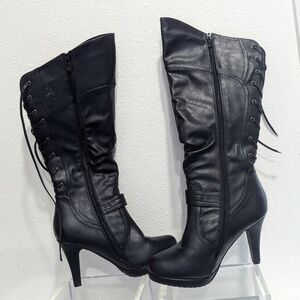 Top Moda Page-65 black faux leather heeled lace up boots, women's 8